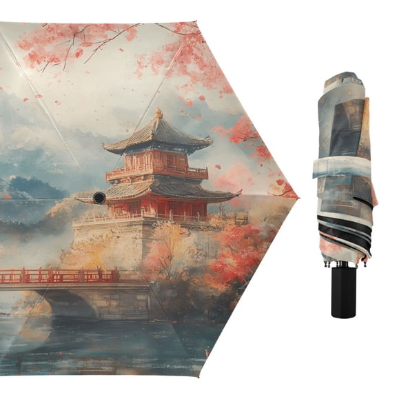 Compact Sun Umbrella Windproof Travel Umbrellas for Rain Strong Portable UV Protection Chinese Towers and Bridges