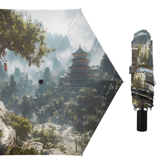 Compact Sun Umbrella Windproof Travel Umbrellas for Rain Strong Portable UV Protection Chinese-style Temple in Mountains