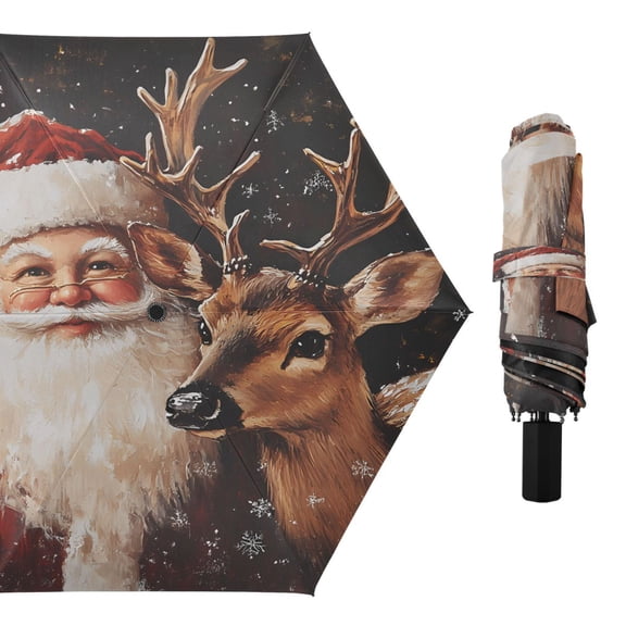 Compact Sun Umbrella Windproof Travel Umbrellas for Rain Strong Portable UV Protection Christmas Santa Claus and Deer
