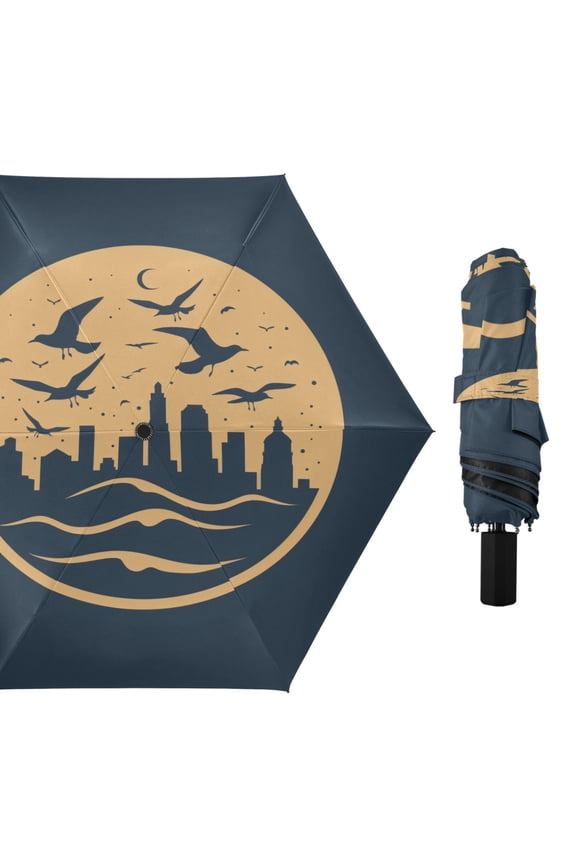 Compact Sun Umbrella Windproof Travel Umbrellas for Rain Strong Portable UV Protection City Seagulls Moon Wave