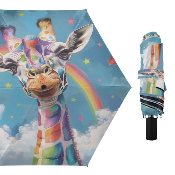 Compact Sun Umbrella Windproof Travel Umbrellas for Rain Strong Portable UV Protection Colorful Spots Giraffe and Rainbow