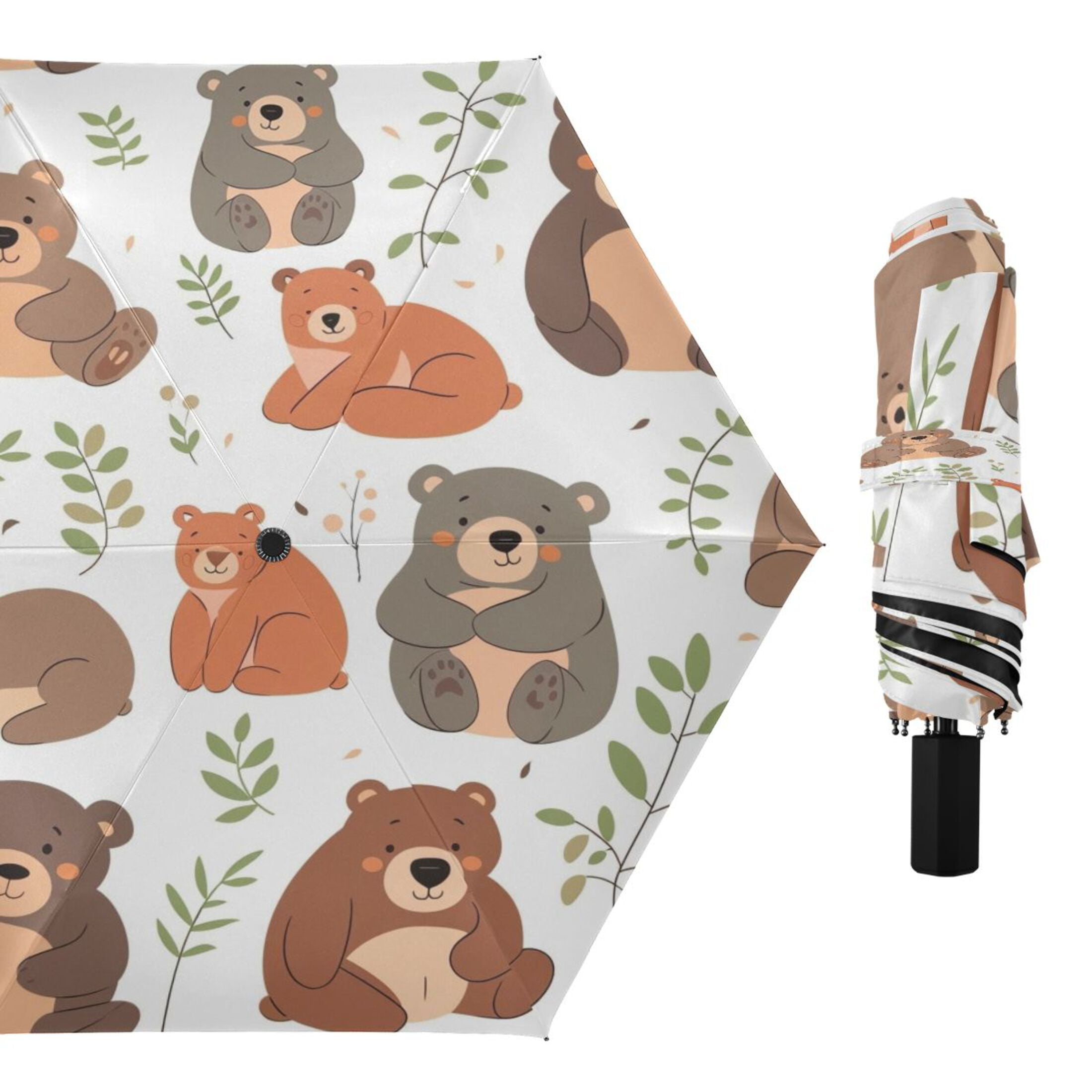 Compact Sun Umbrella Windproof Travel Umbrellas for Rain Strong Portable UV Protection Cute Bears with Leaf