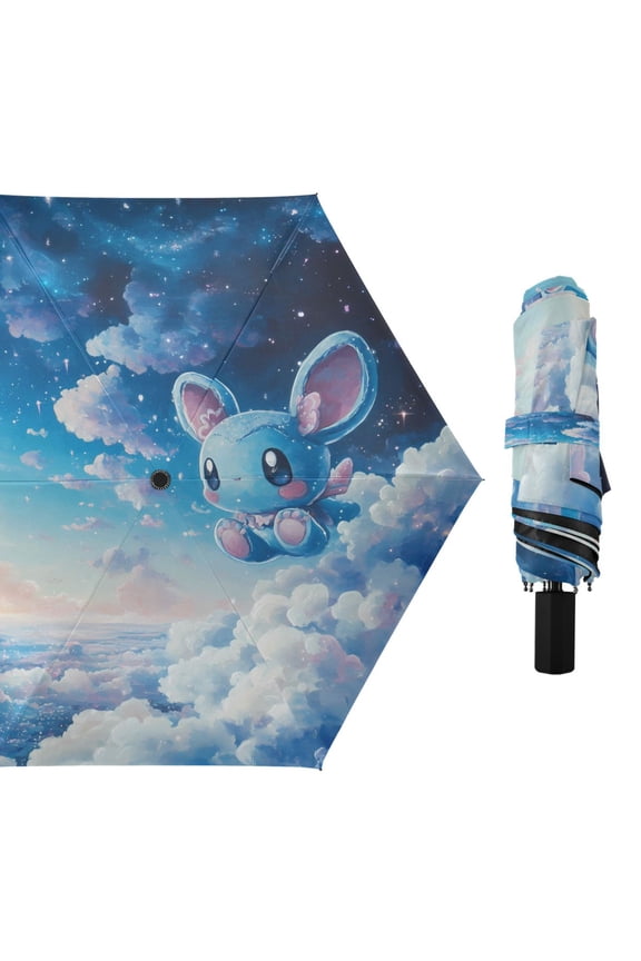 Compact Sun Umbrella Windproof Travel Umbrellas for Rain Strong Portable UV Protection Cute Blue Mouse in Sky