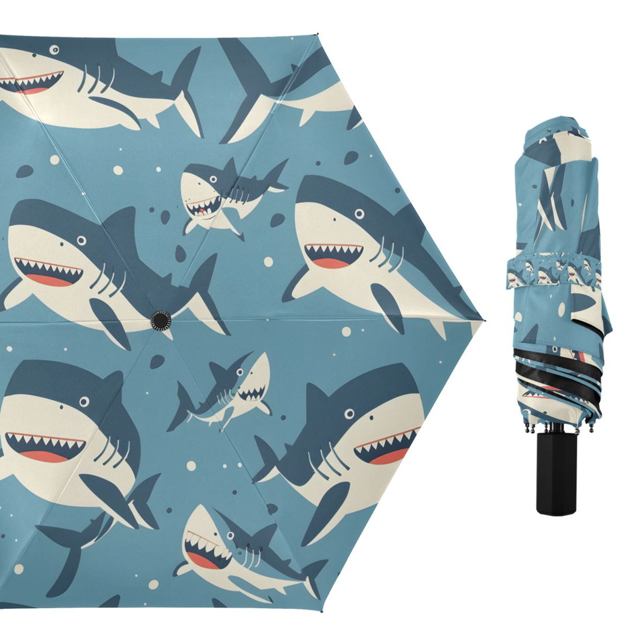 Compact Sun Umbrella Windproof Travel Umbrellas for Rain Strong Portable UV Protection Cute Cartoon Sharks