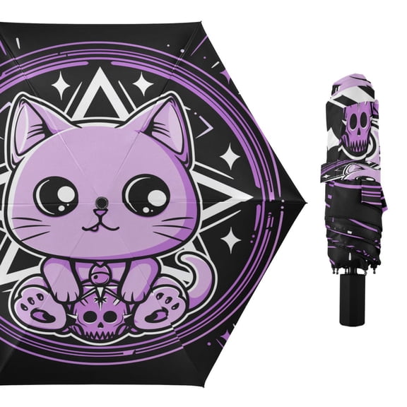 Compact Sun Umbrella Windproof Travel Umbrellas for Rain Strong Portable UV Protection Cute Cat with Skull