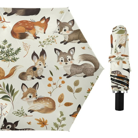 Compact Sun Umbrella Windproof Travel Umbrellas for Rain Strong Portable UV Protection Cute Fox and Plant