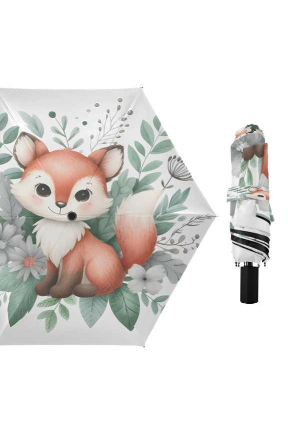 Compact Sun Umbrella Windproof Travel Umbrellas for Rain Strong Portable UV Protection Cute Fox in Floral Bouquet