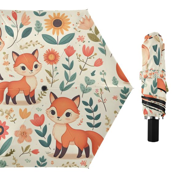 Compact Sun Umbrella Windproof Travel Umbrellas for Rain Strong Portable UV Protection Cute Foxes Flower Leaf