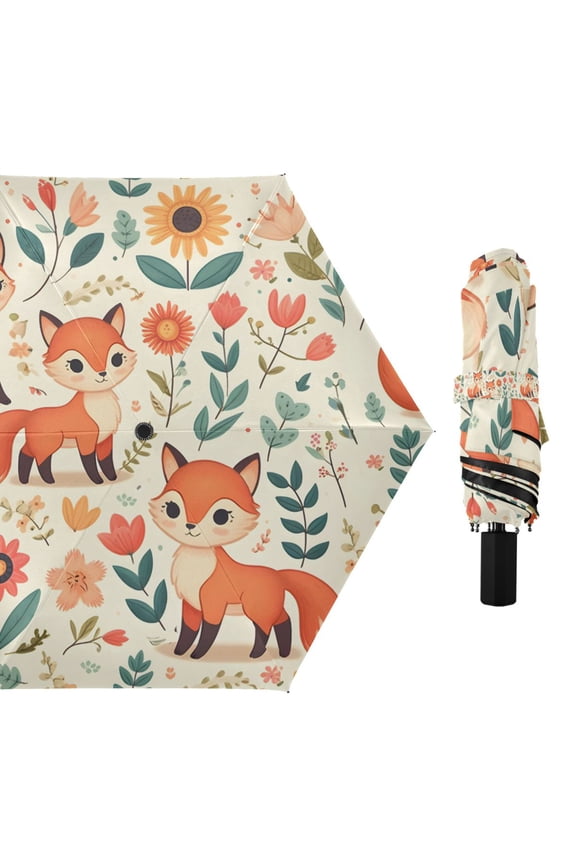 Compact Sun Umbrella Windproof Travel Umbrellas for Rain Strong Portable UV Protection Cute Foxes Flower Leaf