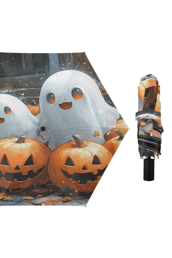 Compact Sun Umbrella Windproof Travel Umbrellas for Rain Strong Portable UV Protection Cute Ghosts Play with Pumpkin