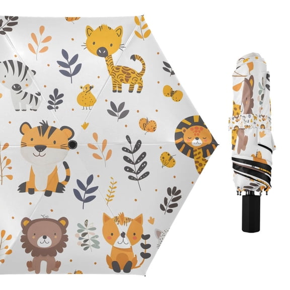 Compact Sun Umbrella Windproof Travel Umbrellas for Rain Strong Portable UV Protection Cute Lion Giraffes Leaf Tiger