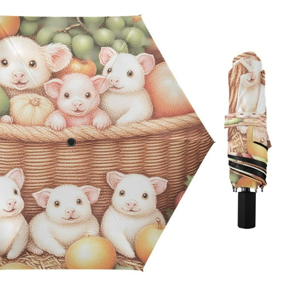 Compact Sun Umbrella Windproof Travel Umbrellas for Rain Strong Portable UV Protection Cute Pigs and Fruits