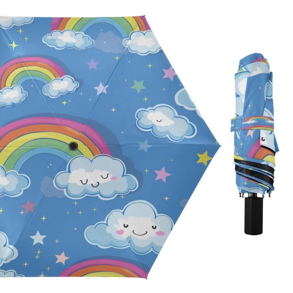 Compact Sun Umbrella Windproof Travel Umbrellas for Rain Strong Portable UV Protection Cute Rainbow and Cloud