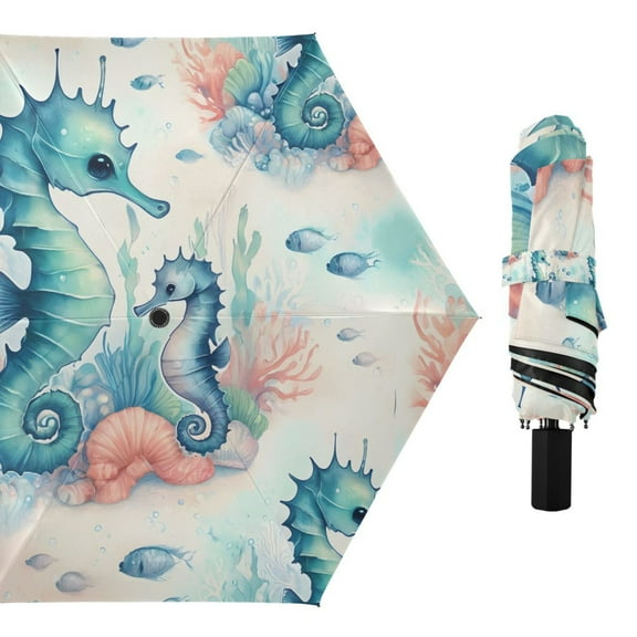 Compact Sun Umbrella Windproof Travel Umbrellas for Rain Strong Portable UV Protection Cute Seahorse and Seaweed