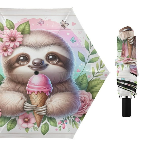 Compact Sun Umbrella Windproof Travel Umbrellas for Rain Strong Portable UV Protection Cute Sloth with Ice Cream