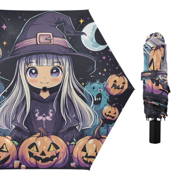 Compact Sun Umbrella Windproof Travel Umbrellas for Rain Strong Portable UV Protection Cute Witch Pumpkins Moon
