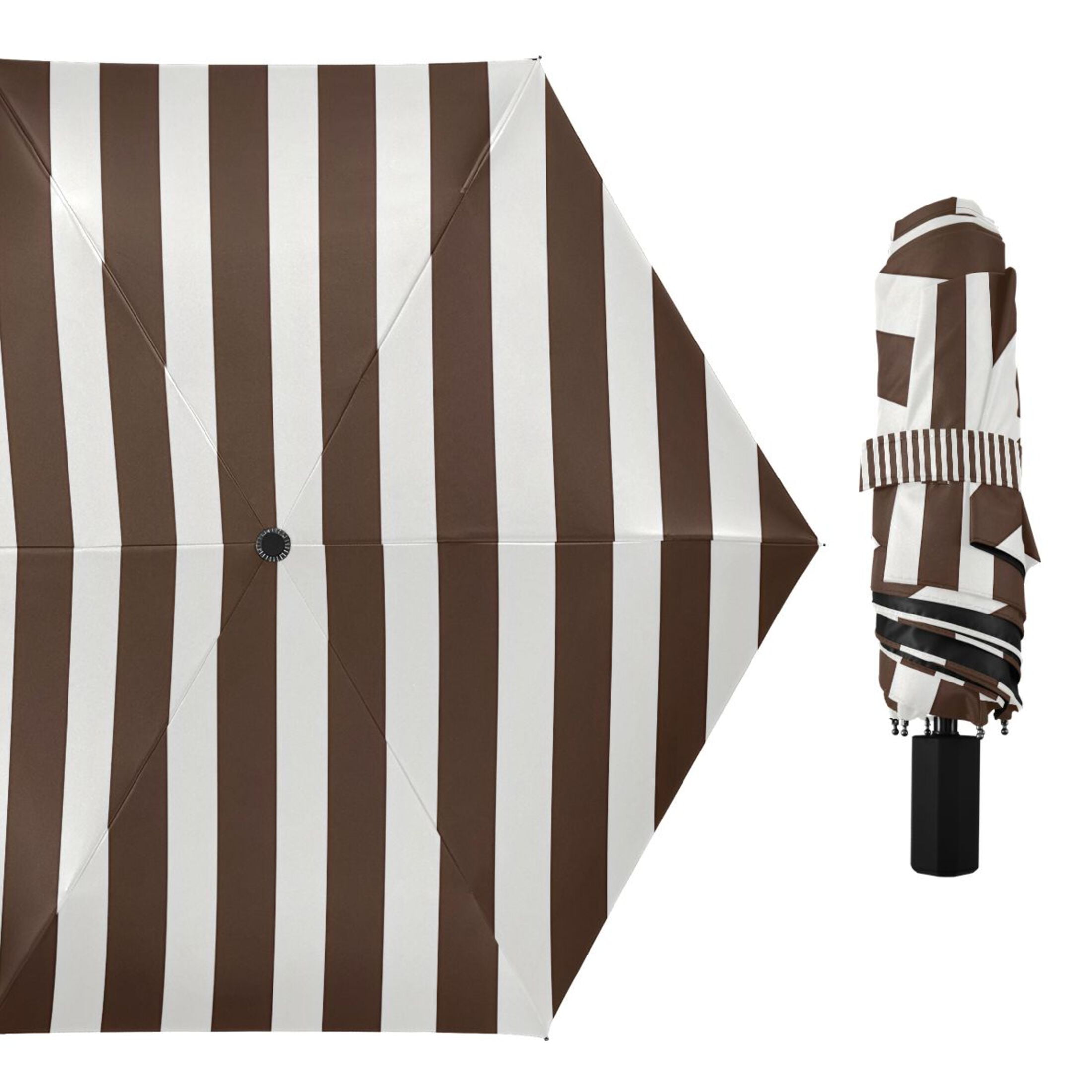 Compact Sun Umbrella Windproof Travel Umbrellas for Rain Strong Portable UV Protection Dark Brown and White Striped