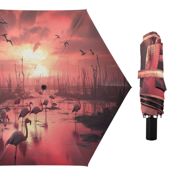 Compact Sun Umbrella Windproof Travel Umbrellas for Rain Strong Portable UV Protection Dead Trees and Flamingos