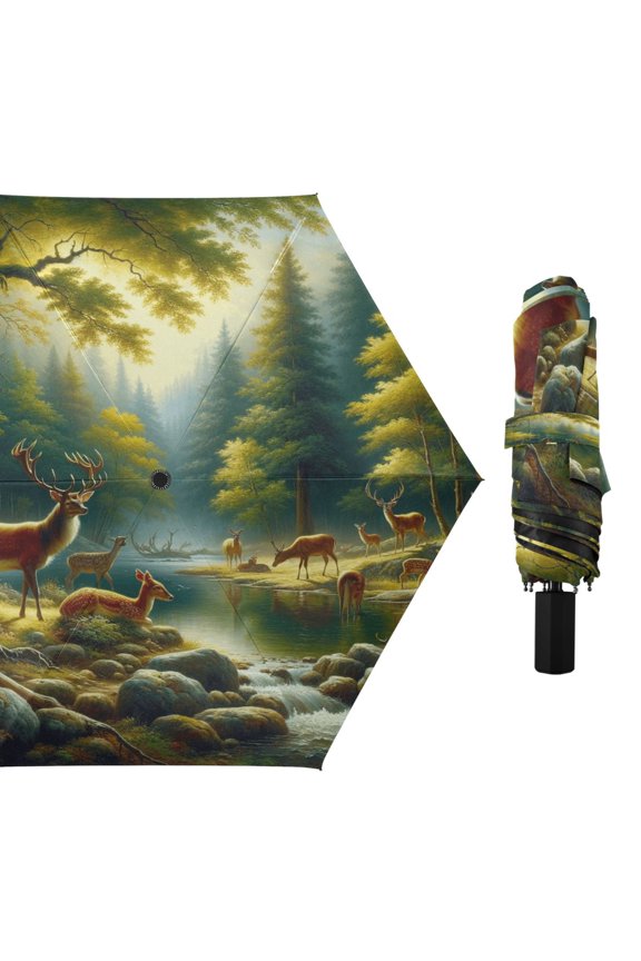 Compact Sun Umbrella Windproof Travel Umbrellas for Rain Strong Portable UV Protection Deer in Forest by Water