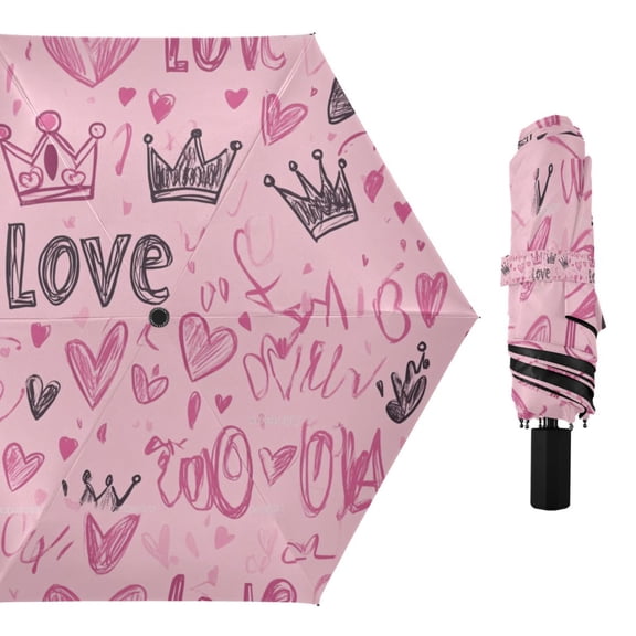Compact Sun Umbrella Windproof Travel Umbrellas for Rain Strong Portable UV Protection Doodle Love Hearts Crowns