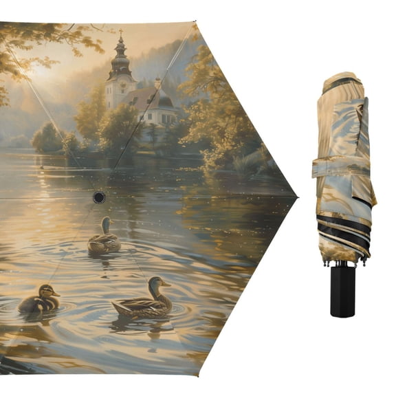 Compact Sun Umbrella Windproof Travel Umbrellas for Rain Strong Portable UV Protection Ducks Swimming in Lake at Sunrise