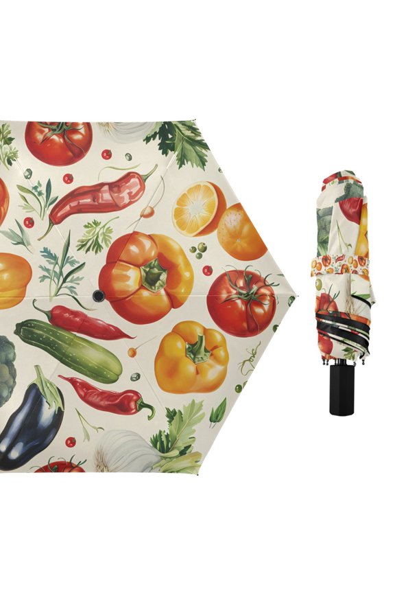 Compact Sun Umbrella Windproof Travel Umbrellas for Rain Strong Portable UV Protection Eggplant Pepper Tomato Broccoli