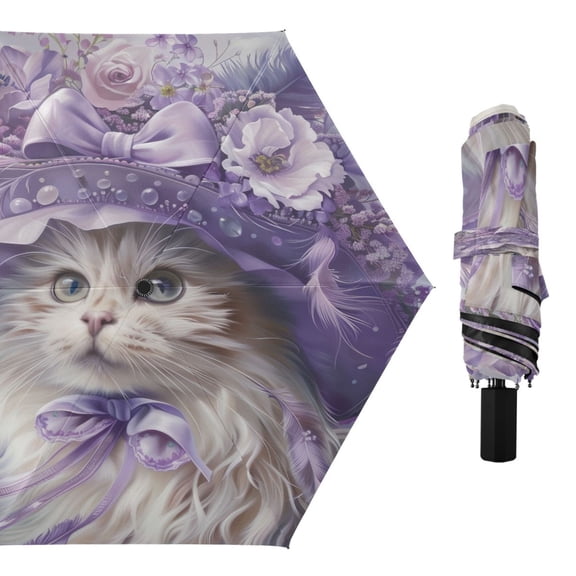 Compact Sun Umbrella Windproof Travel Umbrellas for Rain Strong Portable UV Protection Elegant Cat with Lilac Flowers Hat