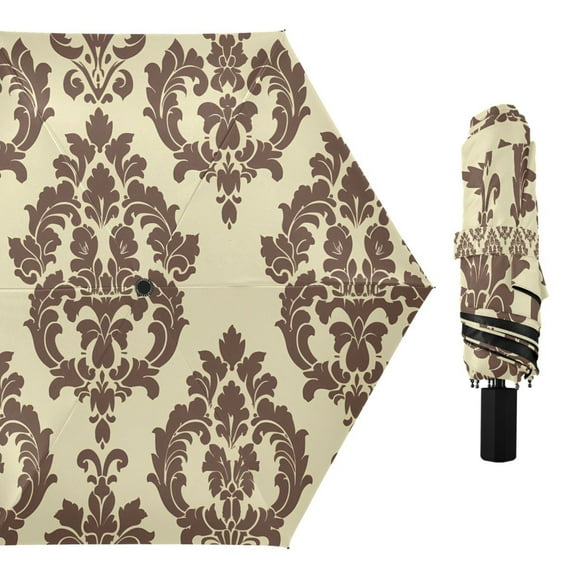Compact Sun Umbrella Windproof Travel Umbrellas for Rain Strong Portable UV Protection Elegant Damask Pattern
