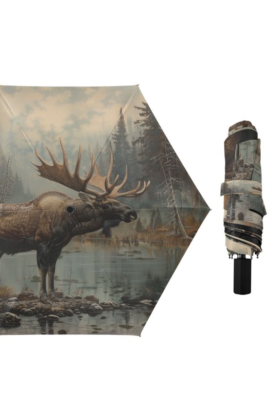 Compact Sun Umbrella Windproof Travel Umbrellas for Rain Strong Portable UV Protection Elk at Water Edge in Forest