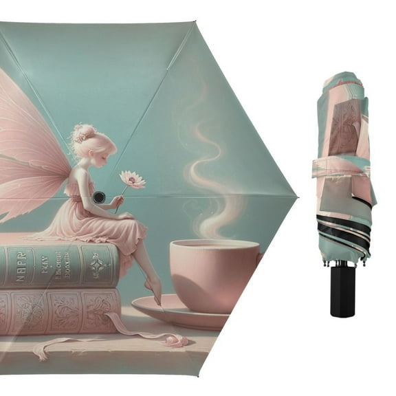 Compact Sun Umbrella Windproof Travel Umbrellas for Rain Strong Portable UV Protection Fairy on Book with Coffee