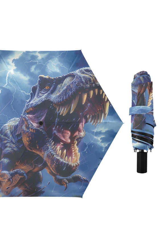 Compact Sun Umbrella Windproof Travel Umbrellas for Rain Strong Portable UV Protection Fierce Dinosaurs in Thunderstorm