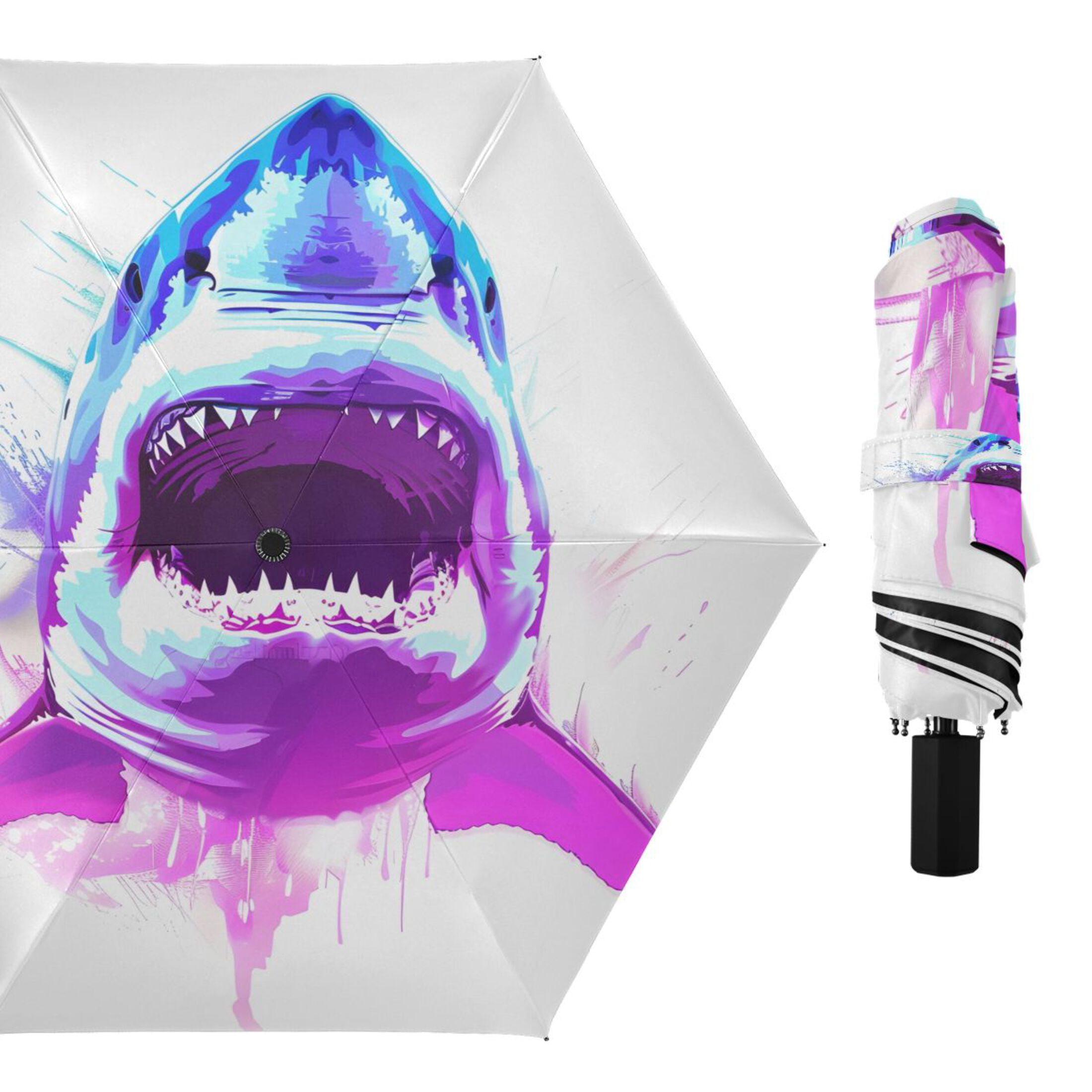 Compact Sun Umbrella Windproof Travel Umbrellas for Rain Strong Portable UV Protection Fierce Fantasy Shark