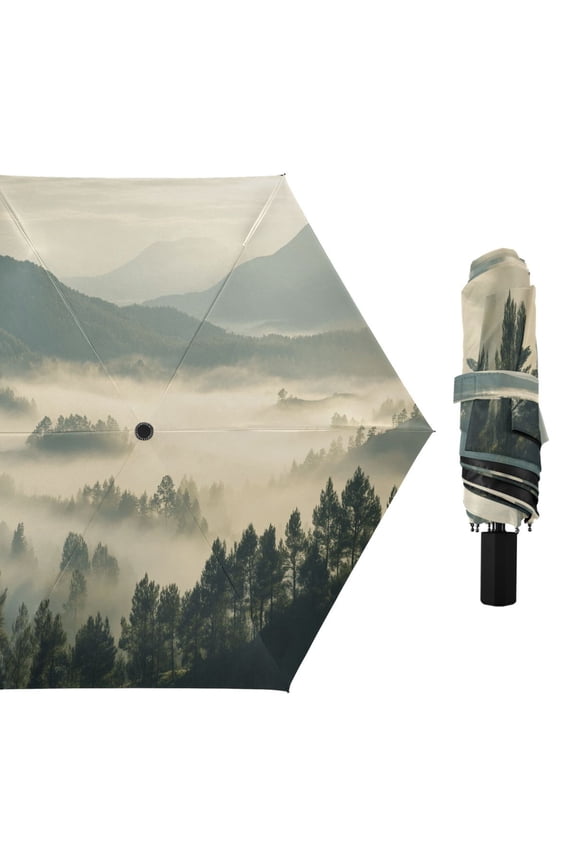 Compact Sun Umbrella Windproof Travel Umbrellas for Rain Strong Portable UV Protection Forest Filled with Fog