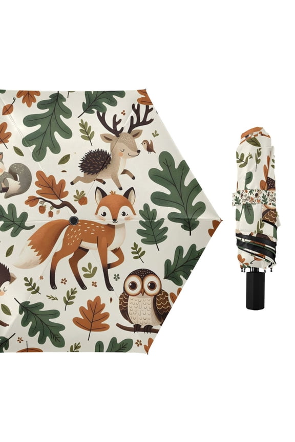 Compact Sun Umbrella Windproof Travel Umbrellas for Rain Strong Portable UV Protection Fox Deer Hedgehog Leaf