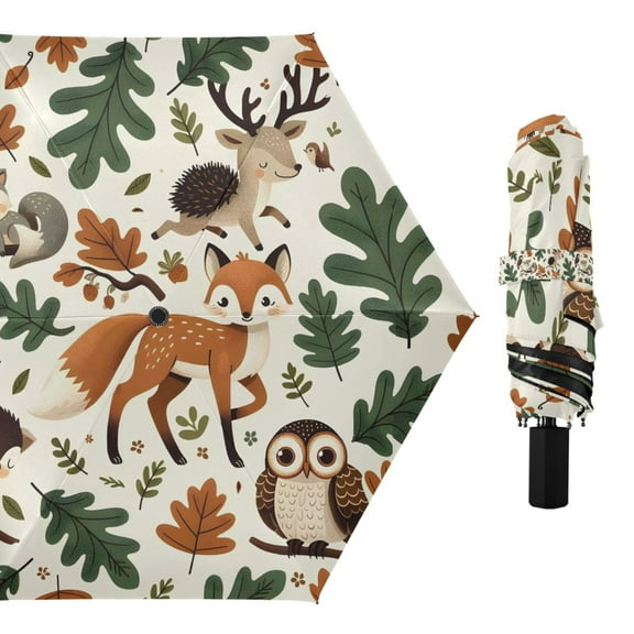 Compact Sun Umbrella Windproof Travel Umbrellas for Rain Strong Portable UV Protection Fox Deer Hedgehog Leaf