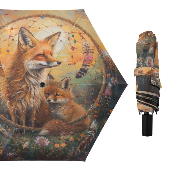 Compact Sun Umbrella Windproof Travel Umbrellas for Rain Strong Portable UV Protection Foxes in Flower Ring