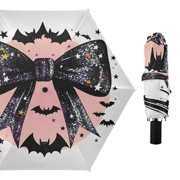 Compact Sun Umbrella Windproof Travel Umbrellas for Rain Strong Portable UV Protection Glittery Bow with Bats Silhouette