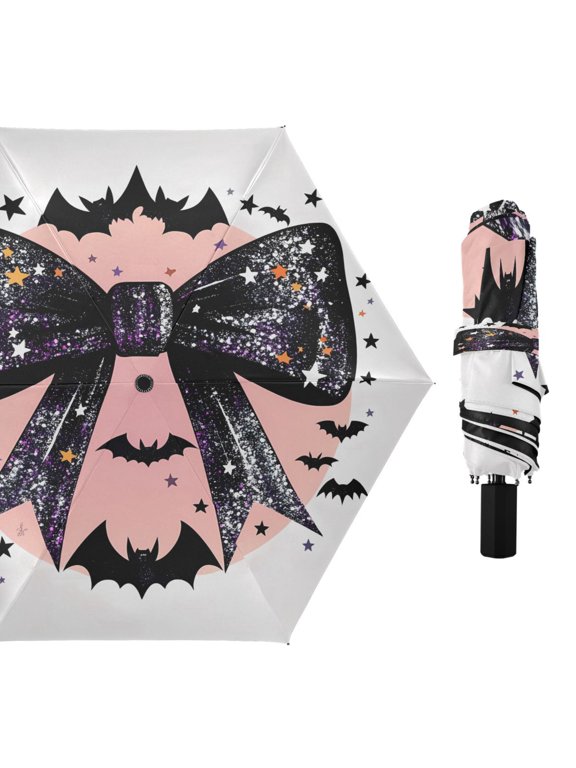 Compact Sun Umbrella Windproof Travel Umbrellas for Rain Strong Portable UV Protection Glittery Bow with Bats Silhouette