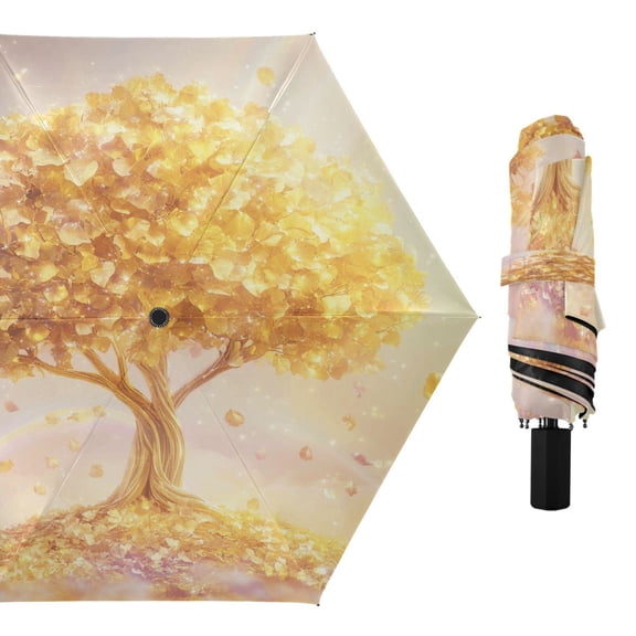 Compact Sun Umbrella Windproof Travel Umbrellas for Rain Strong Portable UV Protection Golden Tree with Leaf