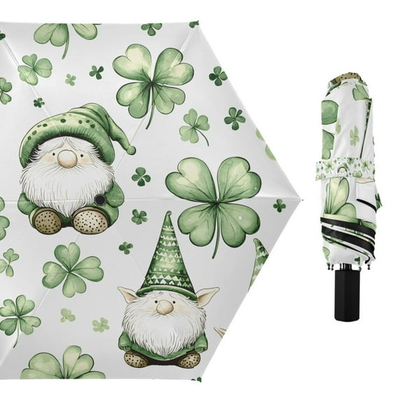 Compact Sun Umbrella Windproof Travel Umbrellas for Rain Strong Portable UV Protection Green Gnomes and Clover