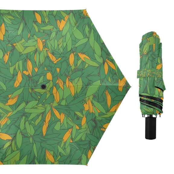 Compact Sun Umbrella Windproof Travel Umbrellas for Rain Strong Portable UV Protection Green Orange Leaves