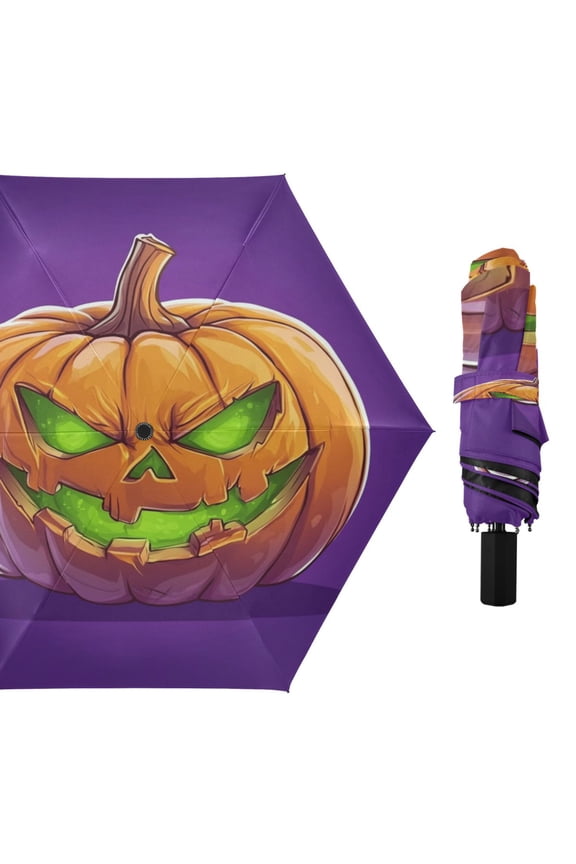 Compact Sun Umbrella Windproof Travel Umbrellas for Rain Strong Portable UV Protection Halloween Evil Pumpkin