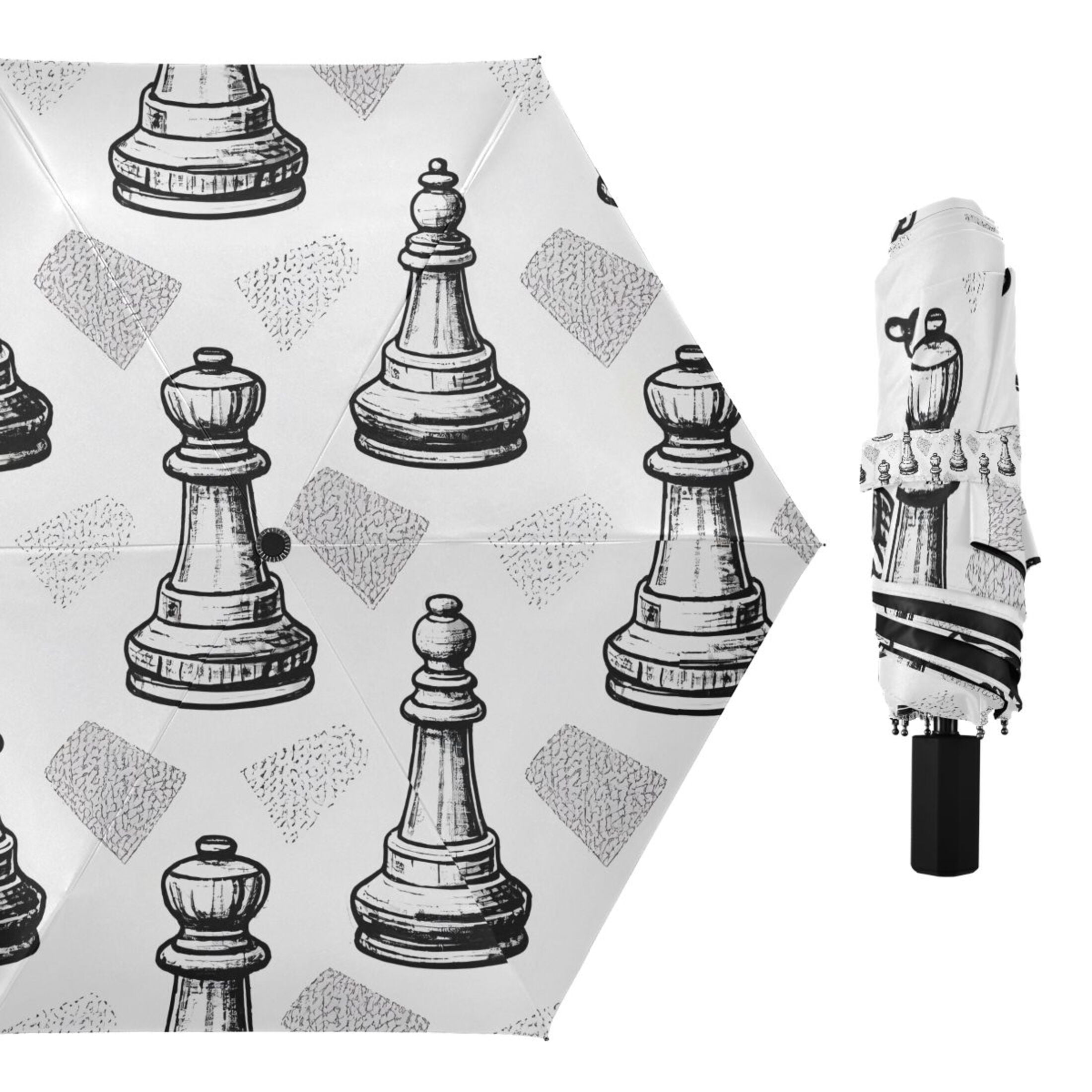 Compact Sun Umbrella Windproof Travel Umbrellas for Rain Strong Portable UV Protection Hand Drawn Chess Pieces