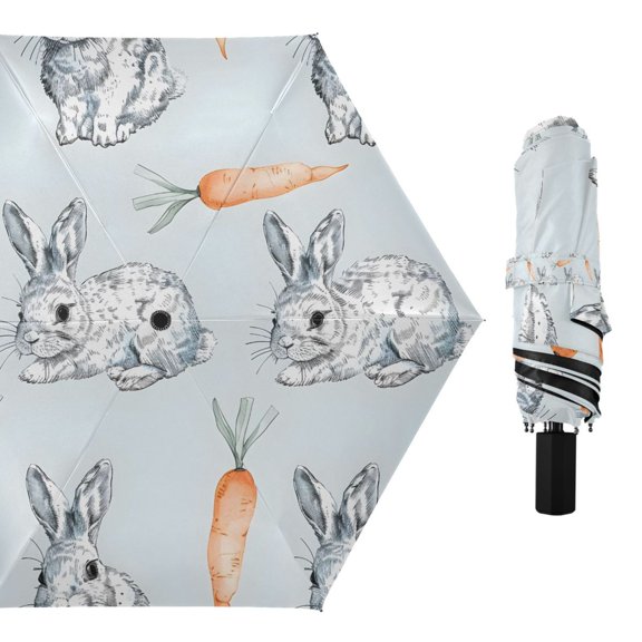 Compact Sun Umbrella Windproof Travel Umbrellas for Rain Strong Portable UV Protection Hand Drawn Rabbit and Carrot