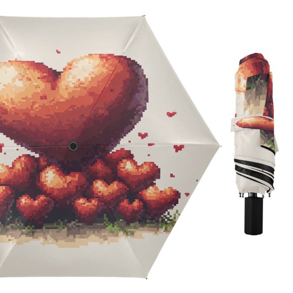 Compact Sun Umbrella Windproof Travel Umbrellas for Rain Strong Portable UV Protection Heart-shaped Mounds Pixel Art