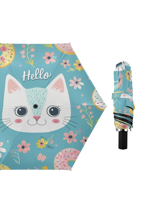 Compact Sun Umbrella Windproof Travel Umbrellas for Rain Strong Portable UV Protection Hello Cat Face