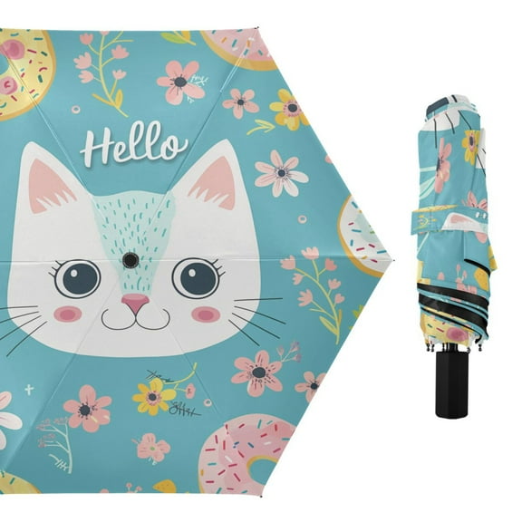 Compact Sun Umbrella Windproof Travel Umbrellas for Rain Strong Portable UV Protection Hello Cat Face