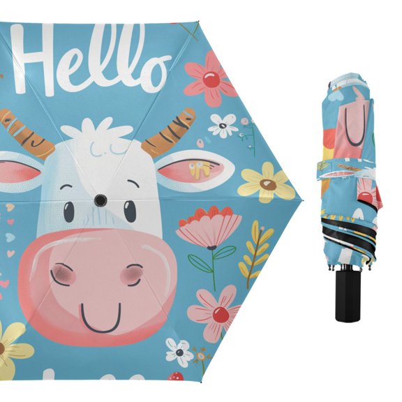 Compact Sun Umbrella Windproof Travel Umbrellas for Rain Strong Portable UV Protection Hello Cow Face