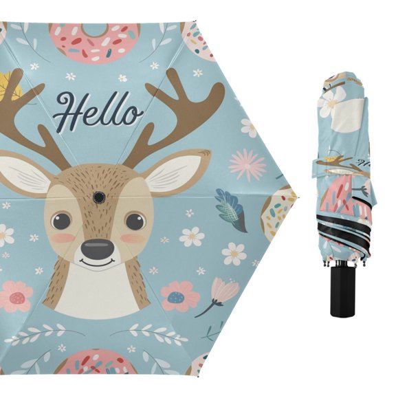 Compact Sun Umbrella Windproof Travel Umbrellas for Rain Strong Portable UV Protection Hello Deer Face