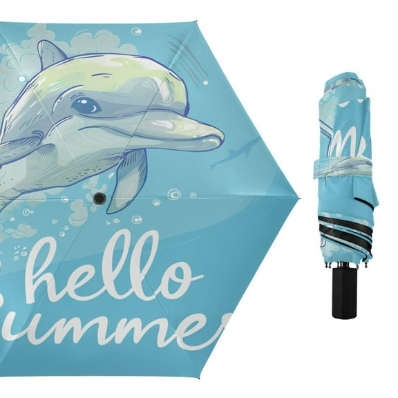 Compact Sun Umbrella Windproof Travel Umbrellas for Rain Strong Portable UV Protection Hello Summer Dolphin